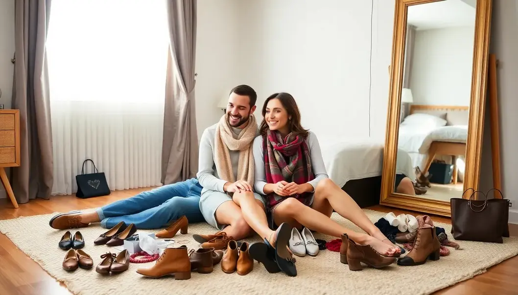 A couple explores the foundational pieces of their capsule wardrobe, symbolizing unity and timeless style.