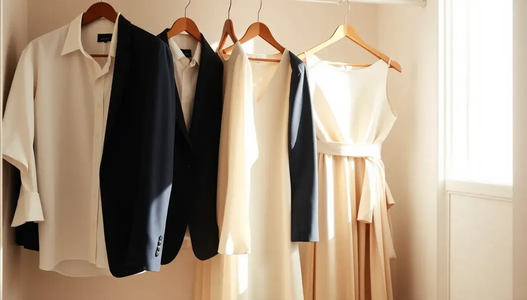 A well-arranged capsule wardrobe with men's and women's clothing in neutral tones.