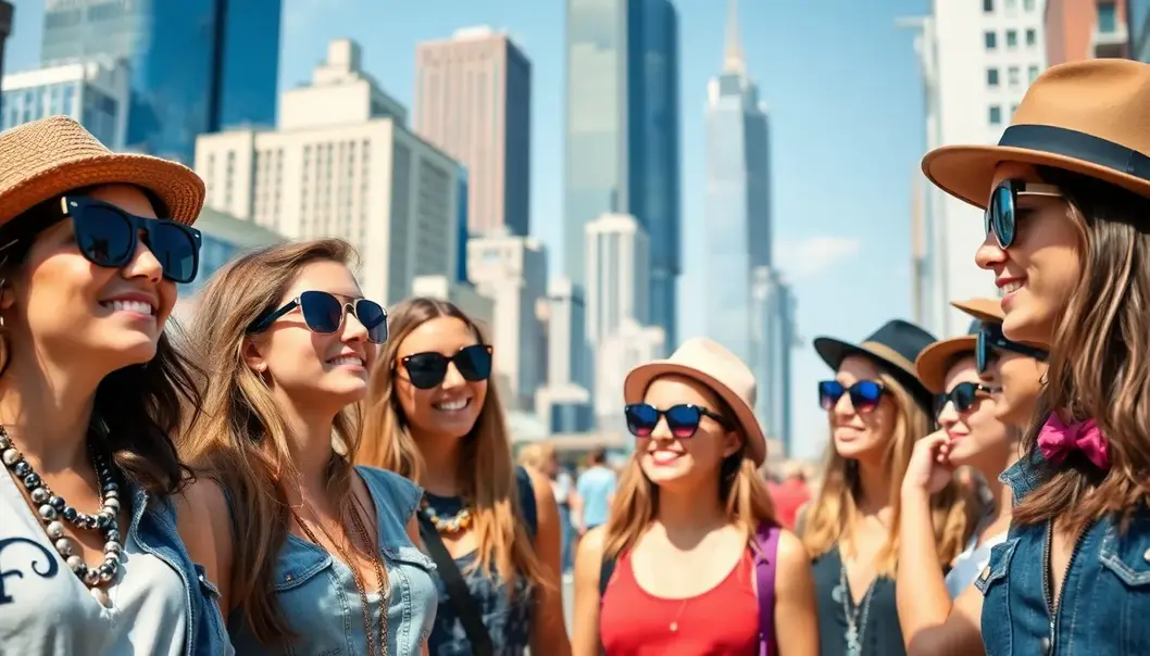 A group of teens with different accessories in a vibrant city setting.