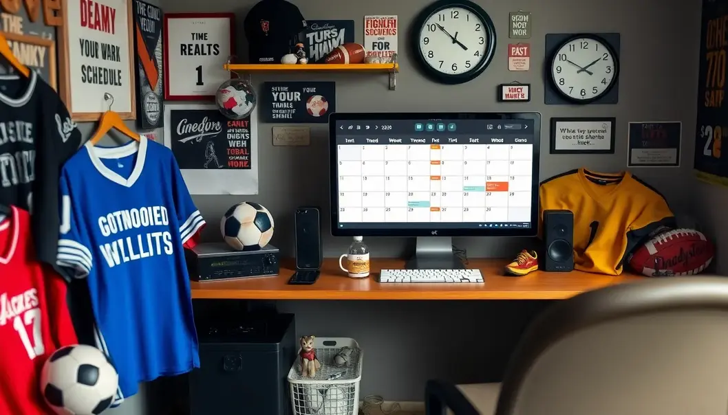 A sports-themed workspace with a gamified daily schedule.