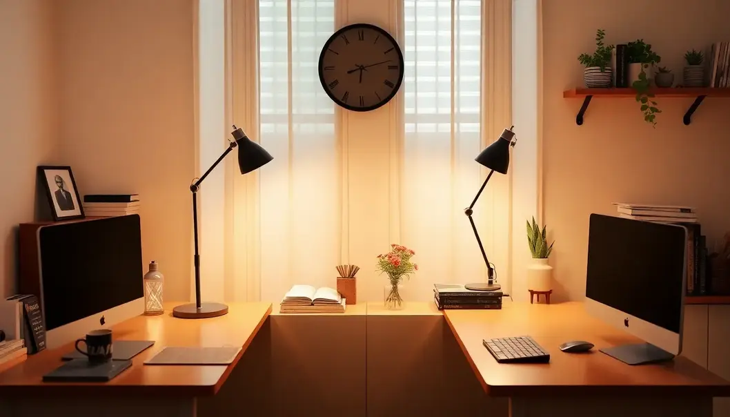 A home office with two adjacent desks, each topped with a stylish desk lamp, set in a cozy and romantic atmosphere.