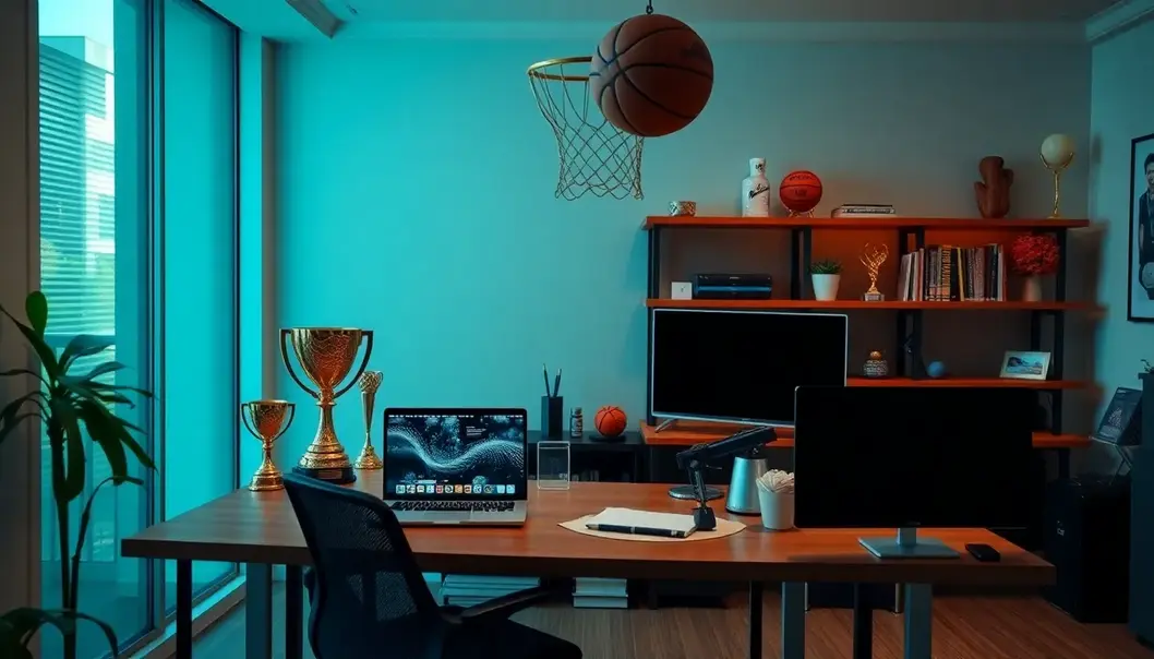 An office balancing sports memorabilia and modern technology for productivity.