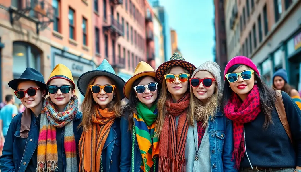 A dynamic group of teens showcasing vibrant style with unique accessory choices.